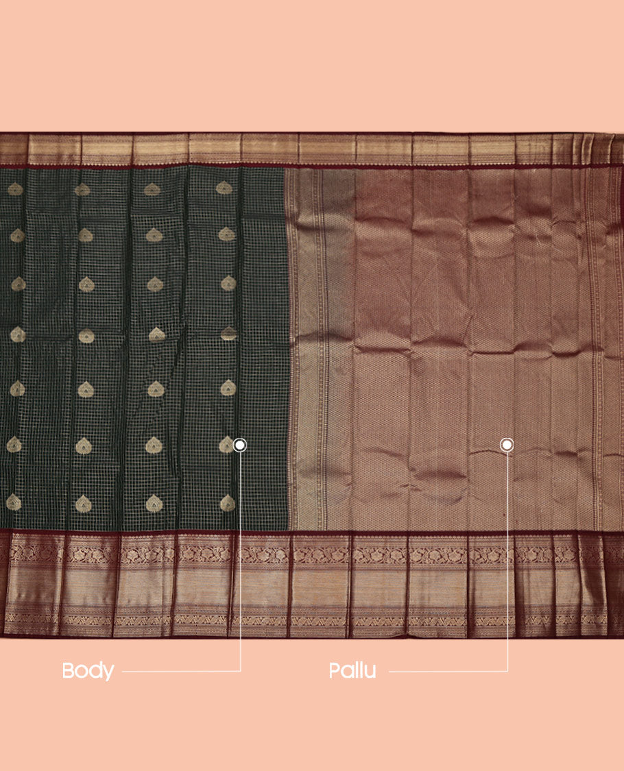 Green Budget Silk Saree, Detailed with Zari Buttas and Zari Checks on Its Body, Complemented by a Contrast Traditional Zari Design Border, Grand Jaal Pallu, and Paired with a Contrast Blouse