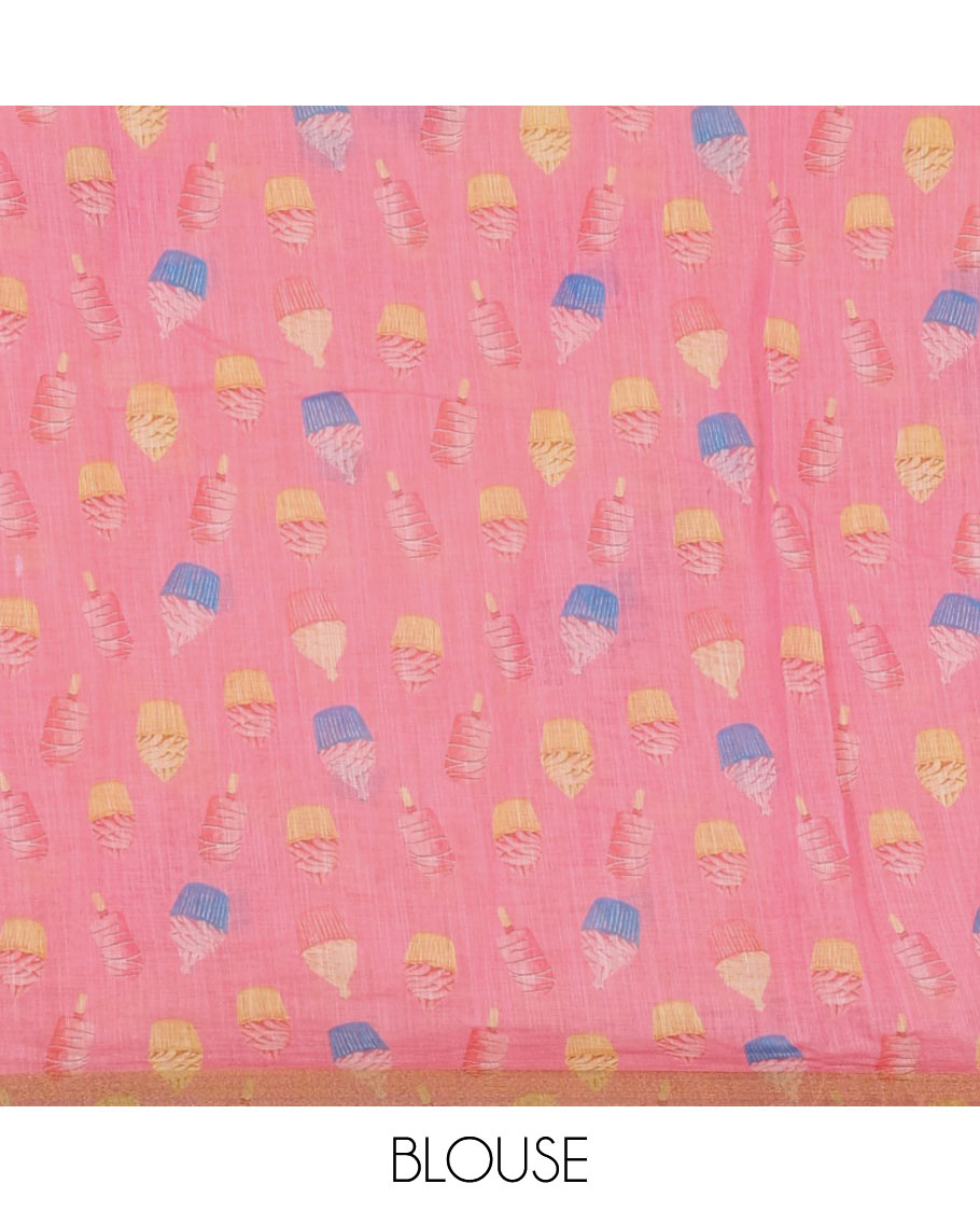 Pastel yellow cupcake & Ice Cream motifs printed Linen saree, piping border, contrast Cone Ice Cream motif printed pallu & pink printed blouse