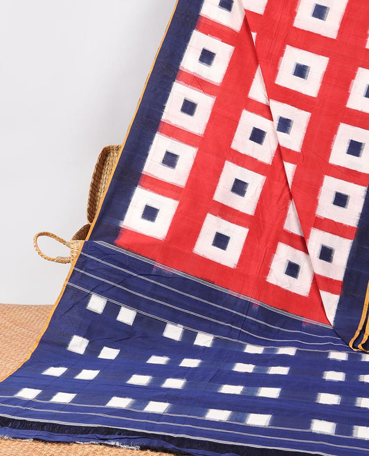 Red geometric design Ikkat cotton saree with contrast plain border & intricate design pallu
