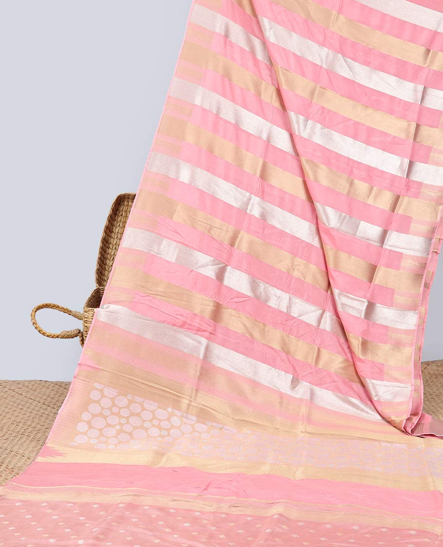 Pink striped semi-banaras dola silk saree with self zari border & intricate zari design pallu