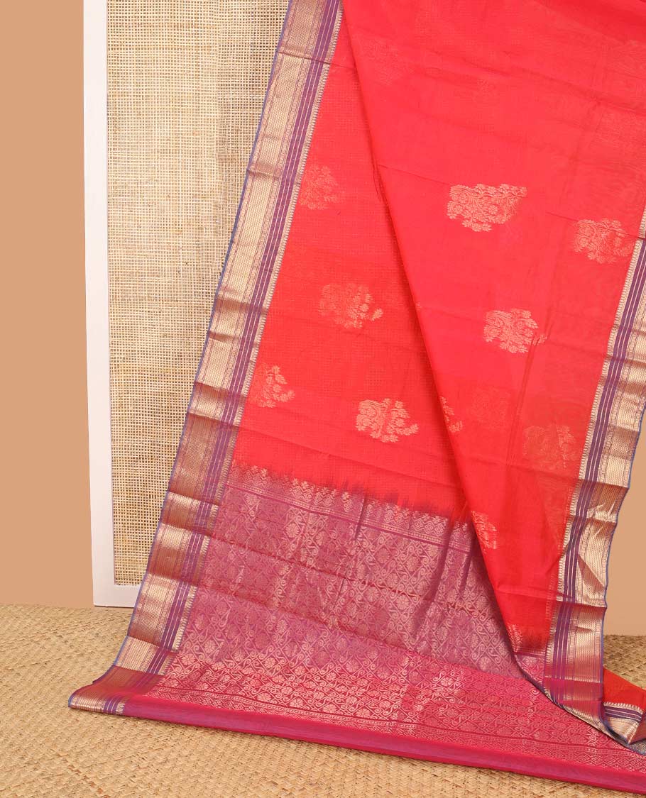 Red motifs silk cotton saree with contrast intricate design border & floral jaal design pallu