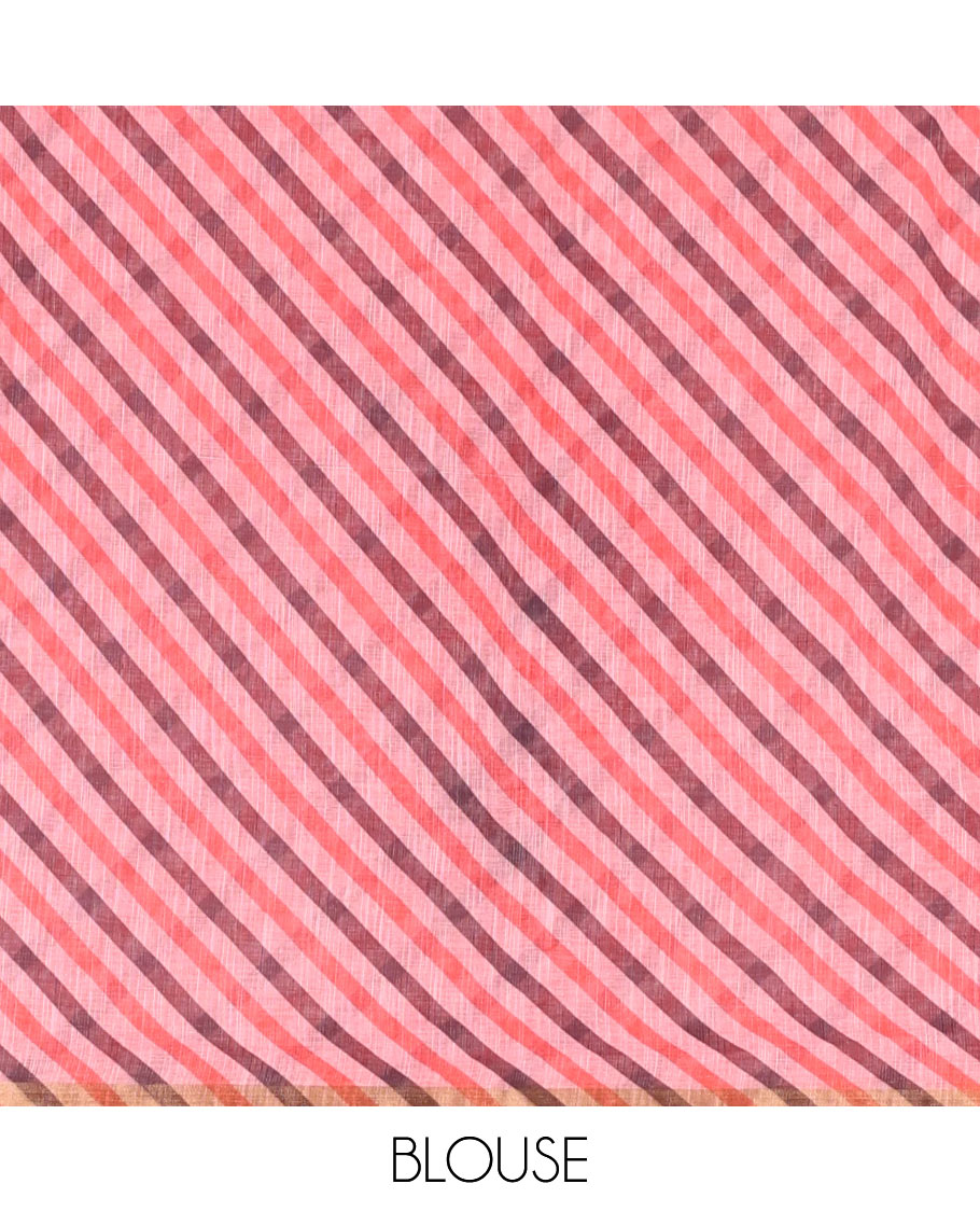 Pink sun and deer silhouette printed linen cotton saree, gold zari piping border, printed pallu, and a matching stripes printed blouse