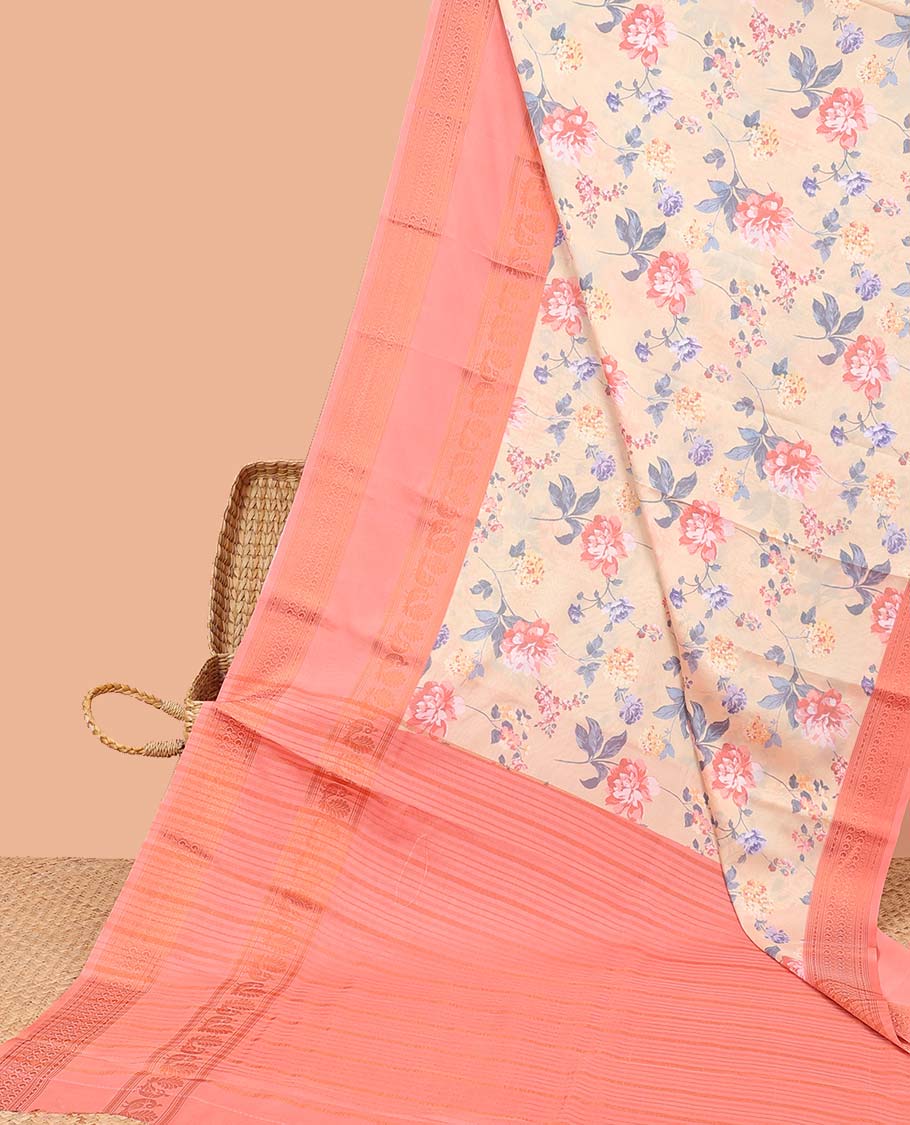 Sandal floral printed semi-banaras printed saree, contrast traditional design border & striped pallu