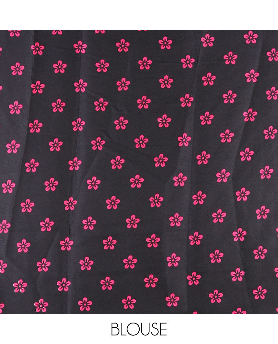 Borderless black-pink batik style abstract digital printed satin crepe saree with blouse of small buttas