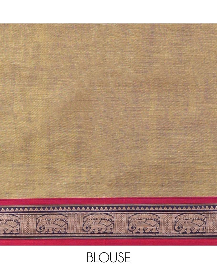 Sandal plain design Narayanapet cotton saree, contrast traditional design border & striped pallu