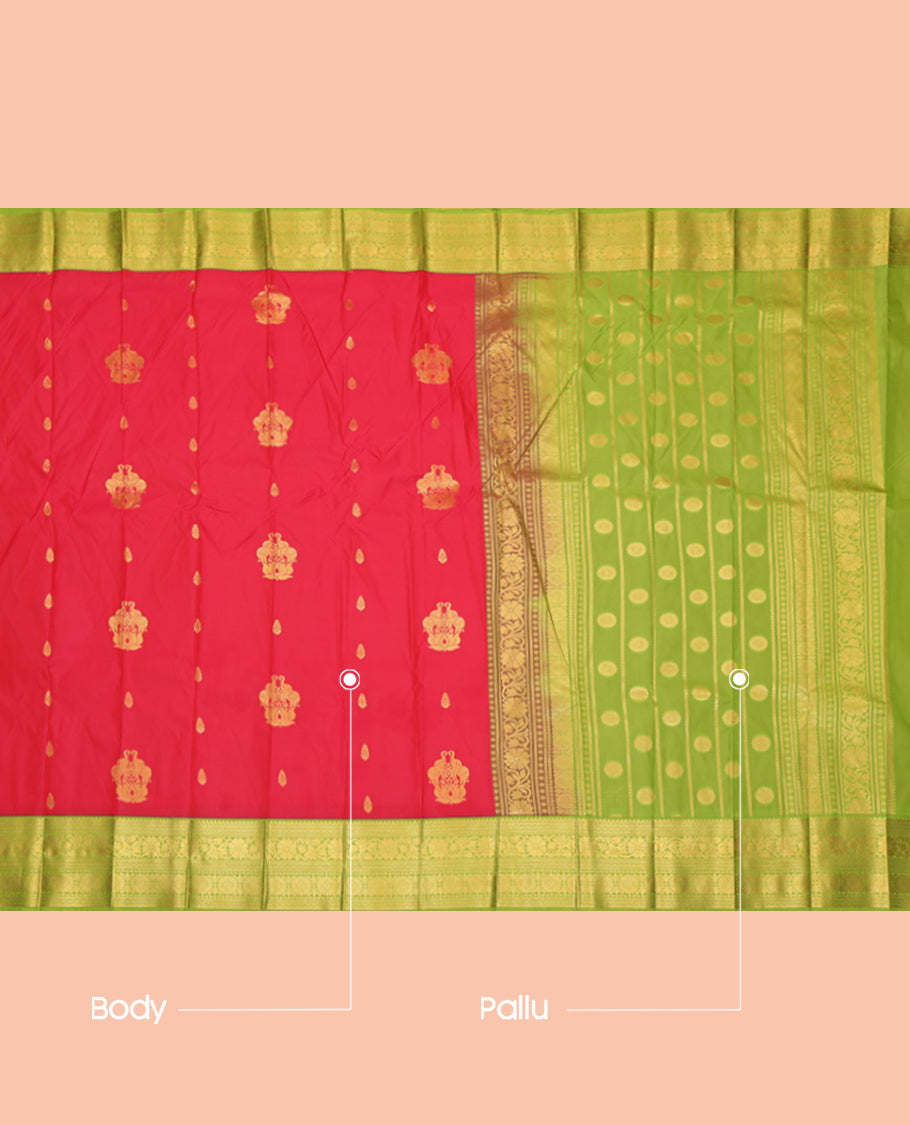 Red Budget Silk Saree, Decked Up with Zari Buttas, Complemented by Contrast Traditional Zari Border, a Grand Pallu and a Contrast Blouse