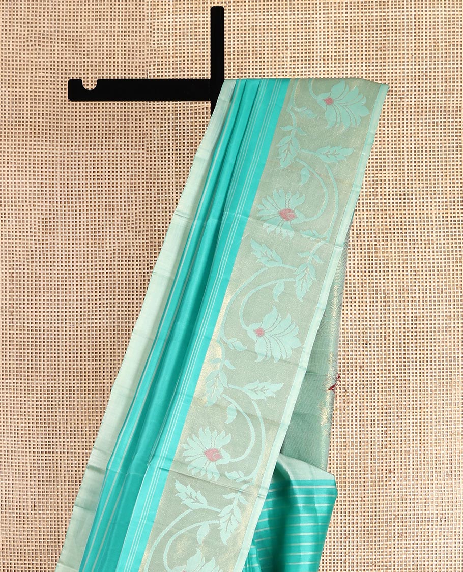 Turquoise Mayuri Soft Silk Saree, Woven with Stripes, Complemented by Contrast Floral Creeper Border, Floral Design Pallu, and a Contrast Blouse