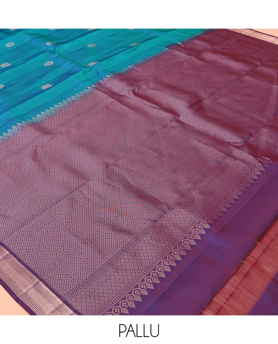Peacock Blue Vasundhara Lite Silk Mix Saree, Elevated with Mayil Buttas, a Contrast Traditional Zari Border, Grand Jaal Pallu, and a Contrast Blouse