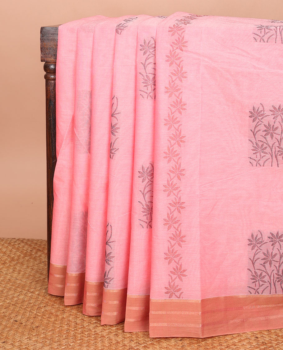 Pink Combatiore cotton saree with floral buttas, contrast striped border & floral design pallu