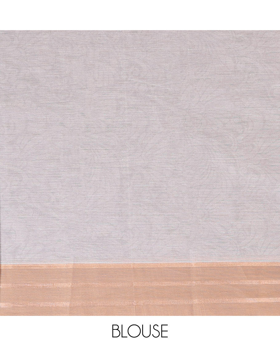 Pink Combatiore cotton saree with floral buttas, contrast striped border & floral design pallu