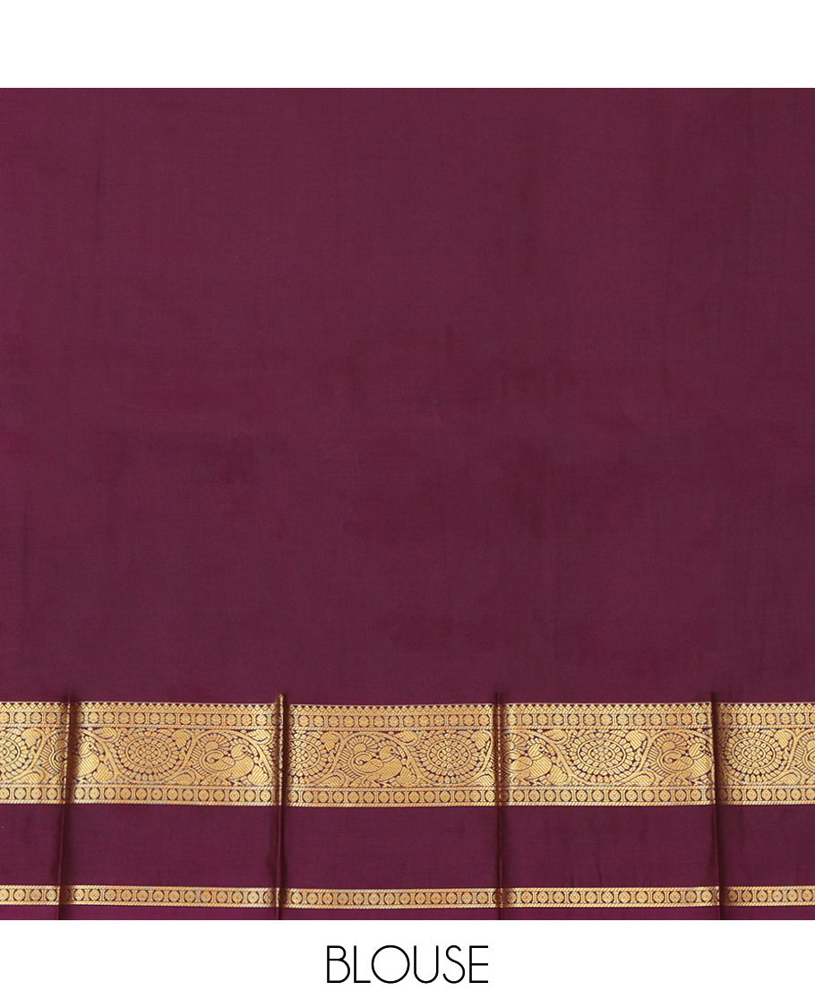 Brown Budget Silk Saree, Adorned with Peacock-Floral Buttas, a Contrast Traditional Rettai Pettu Border, a Grand Pallu and a Contrast Blouse