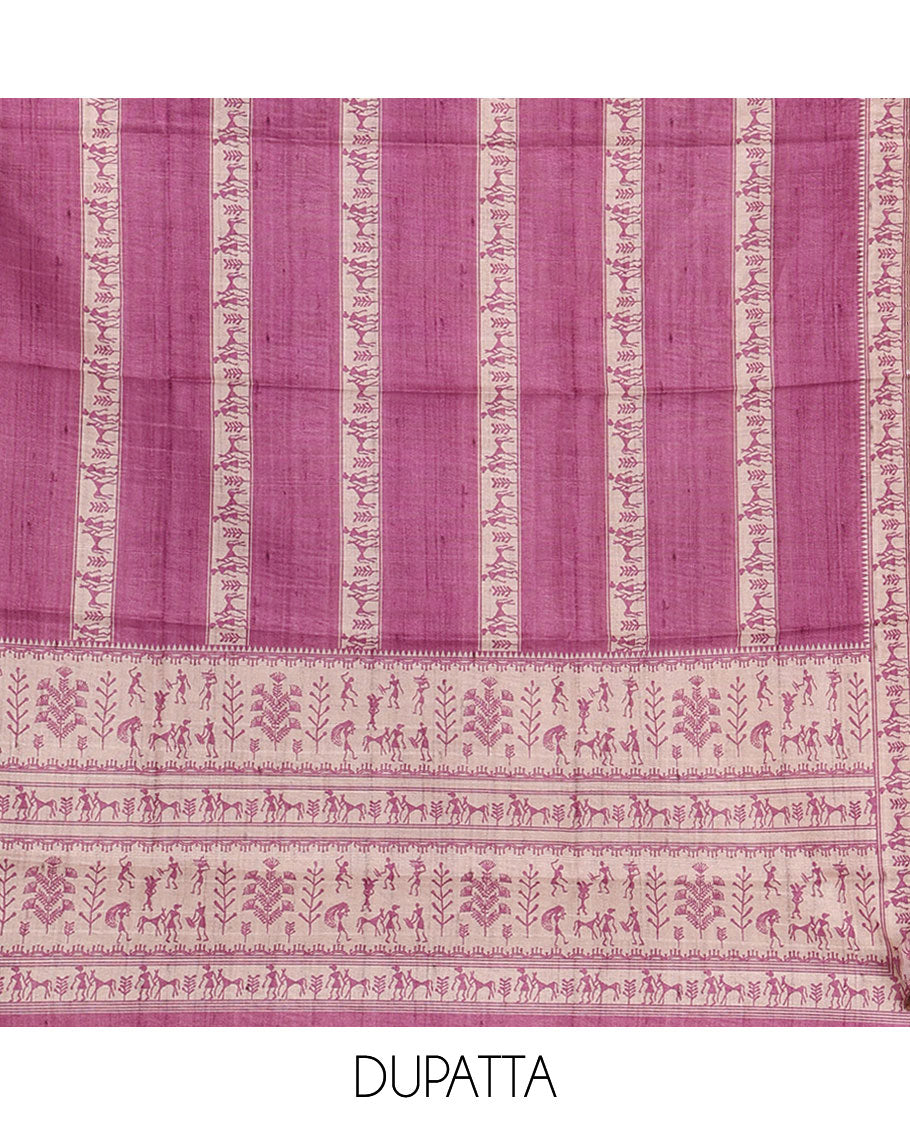 Chikku-base semi-tussar material chudidar set, floral & warli motifs top, contrast purple plain bottom & warli motifs steeped dupatta