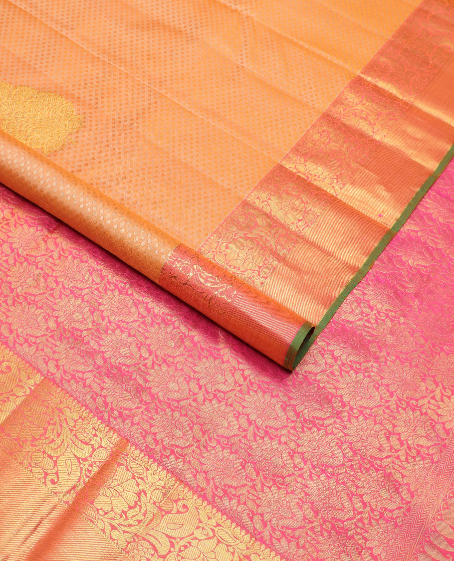 Sandal leaf design silk saree with contrast border of thilakam mokku, banaras design & floral jaal design pallu