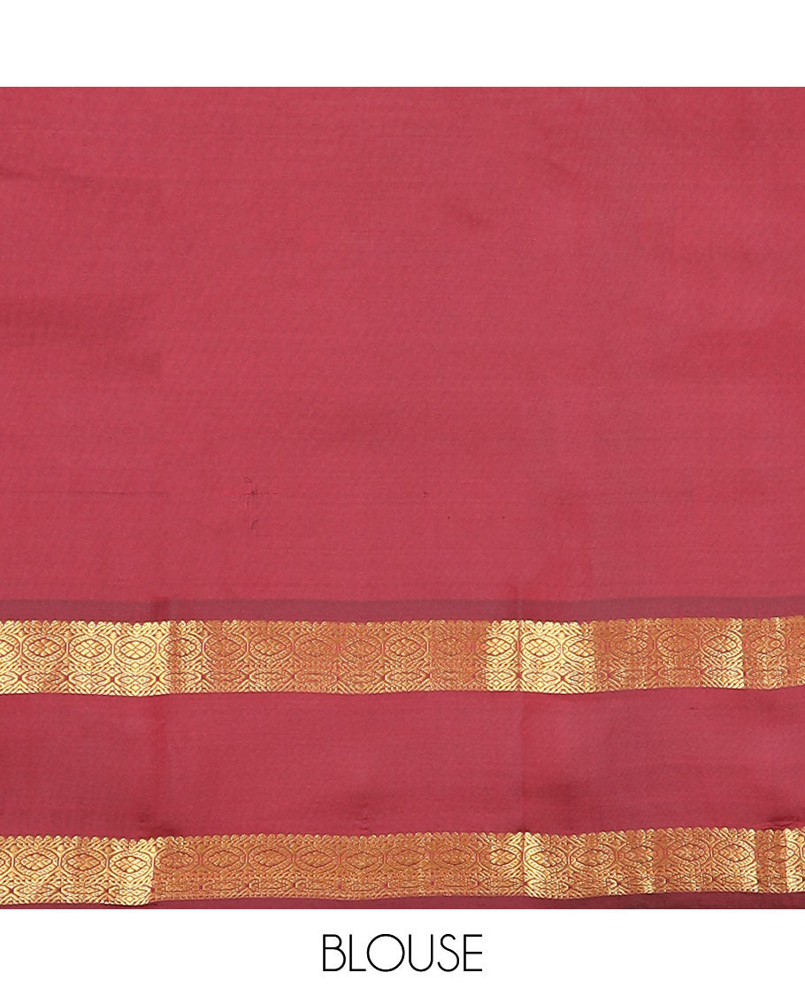 Pink round zari buttas vasundhara silk mix saree, contrast intricate pallu & rettai pettu border of rekku,muthu & chakram