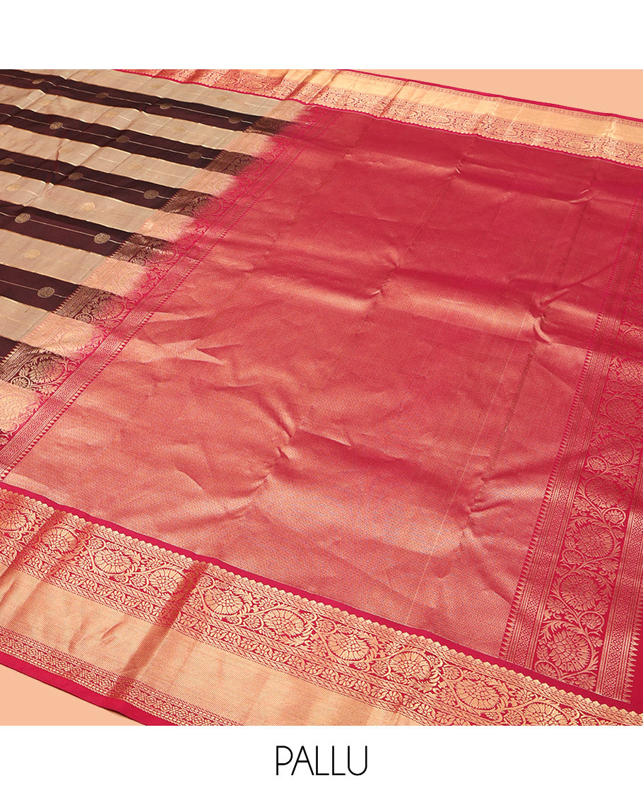 Brown Vasundhara Silk Saree, Woven with Zari Buttas and Stripes, Complemented by Contrast Border of Thilakam Mokku, Puli Nagam, and Kodi Visiry Designs, Vanki Pallu, and Contrast Blouse
