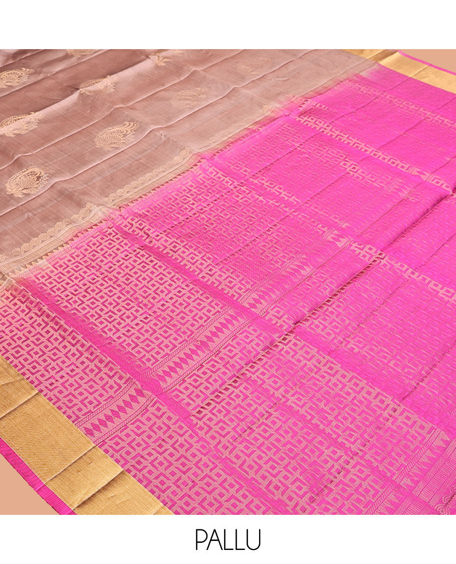 Grey Mayuri Lite Silk Mix Saree, Subtly Sparkled with Buttas on Its Body, Highlighted by Zari Bavanji Border, Complemented by a Contrast Pallu of Intricate Designs, and Paired with a Contrast Blouse