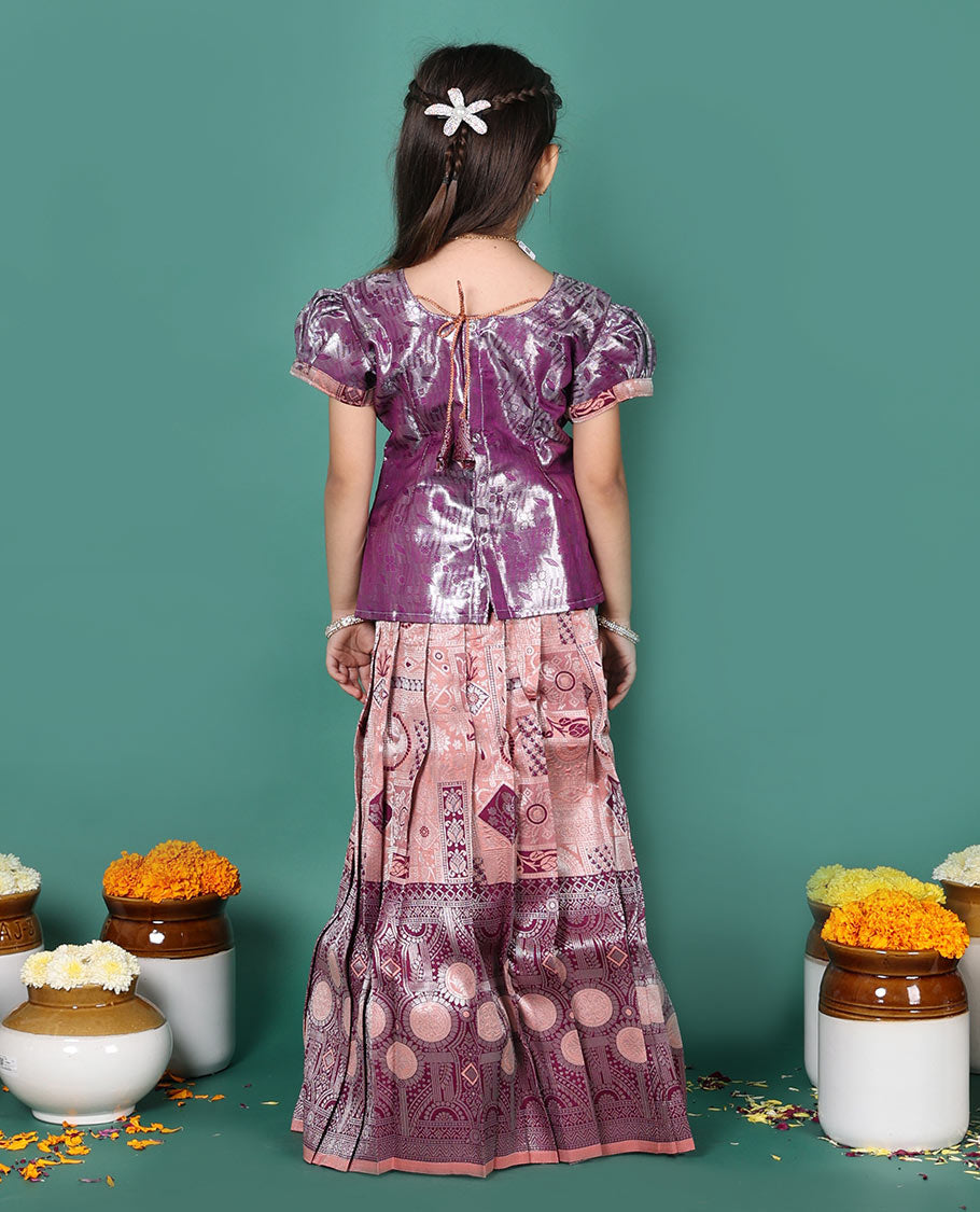 Peach readymade art silk pavadai set, jacquard with contrast traditional zari border skirt and contrast jacquard embroidered puff-sleeve blouse