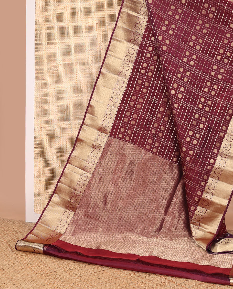 Maroon checked,buttas vasundhara elite silk saree with self intricate zari design border & jaal design pallu