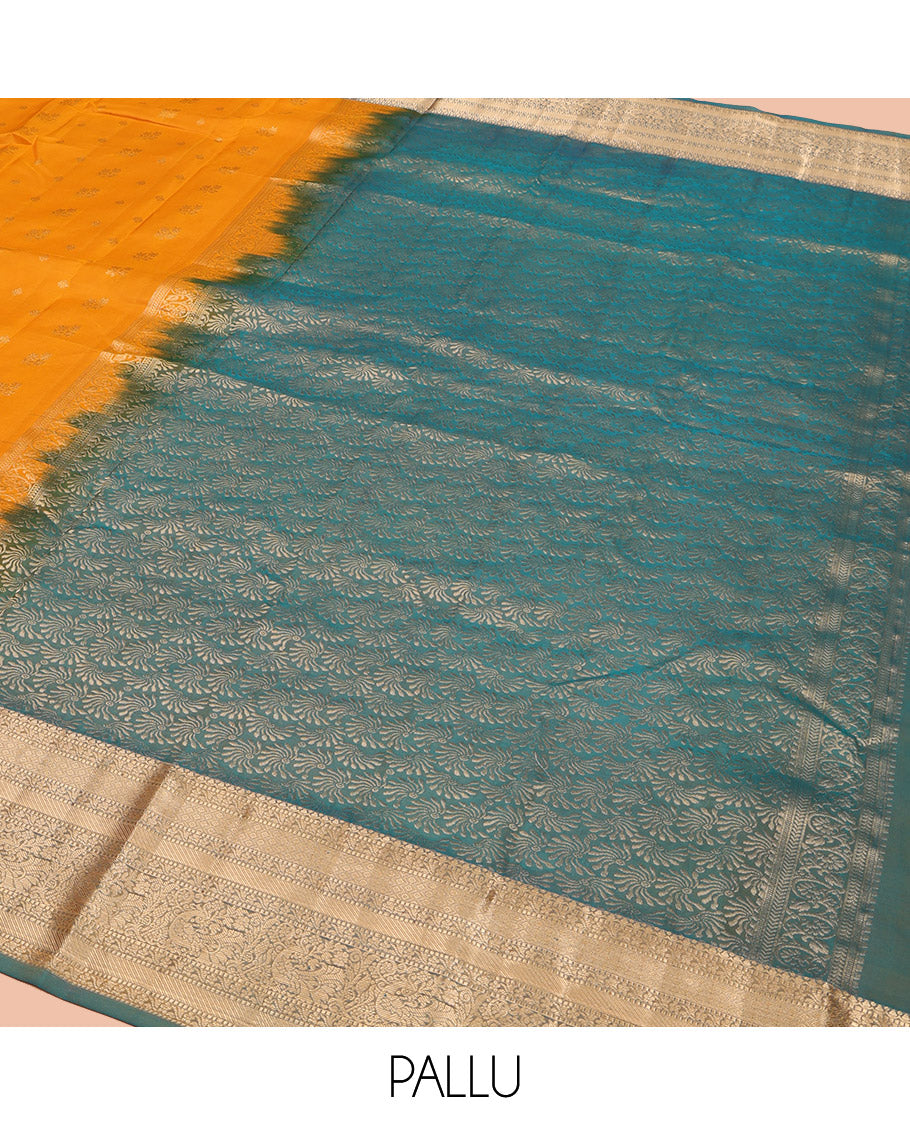 Yellow Vasundhara Lite Silk Mix Saree, Subtly Sparkled with Zari Buttas, Complemented by a Contrast Border of Muthu, Kodi Visiry, and Mayil Designs, Intricately Designed Pallu, and Paired with a Contrast Blouse