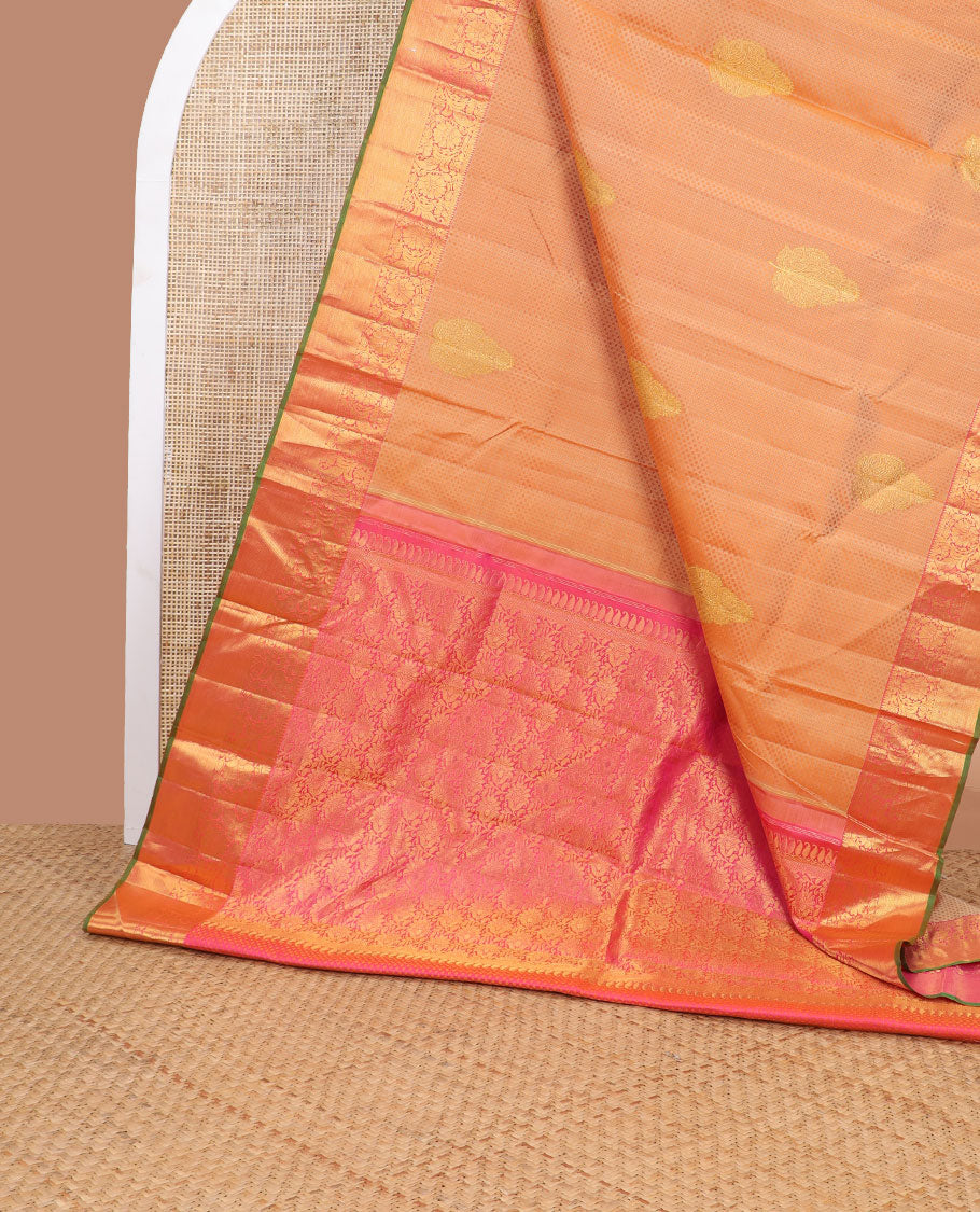 Sandal leaf design silk saree with contrast border of thilakam mokku, banaras design & floral jaal design pallu