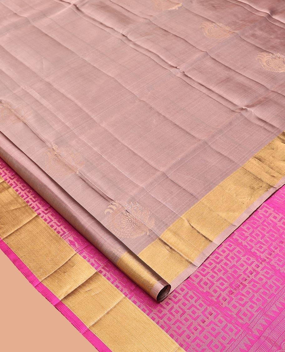 Grey Mayuri Lite Silk Mix Saree, Subtly Sparkled with Buttas on Its Body, Highlighted by Zari Bavanji Border, Complemented by a Contrast Pallu of Intricate Designs, and Paired with a Contrast Blouse