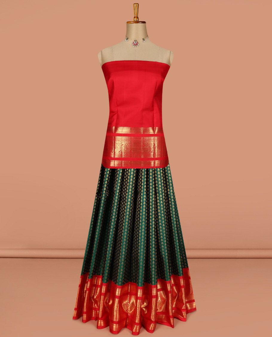 Green puresilk halfsaree, zari buttas skirt, contrast rettai pettu border, blouse of thilakam mokku, kathir, muthu, and mayil design, and zari woven pallu