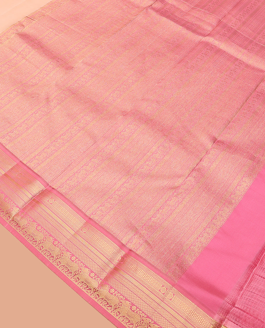 Sandal zari buttas Vasundhara silk mix saree, contrast border of chakra, muthu, mayil kann, paiyaadi kann, and Pichwai cow designs, and intricate pallu