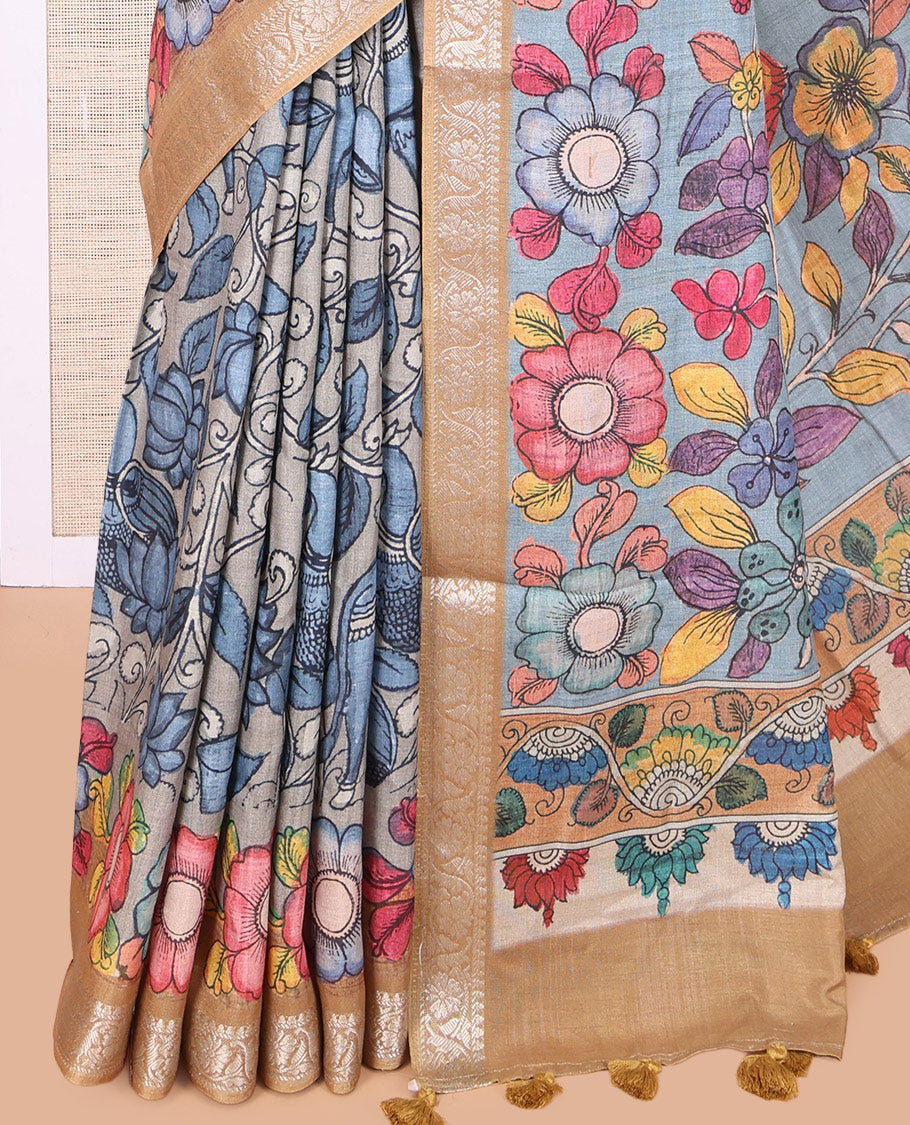 Grey Kalamkari Printed Fancy Tussar Saree