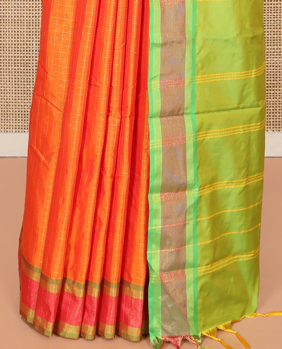 Orange Aarani Silk Saree, Subtly Enriched with Checked Design on Its Body, Complemented by a Contrast Border, Pallu of Stripes, and Paired with a Contrast Blouse