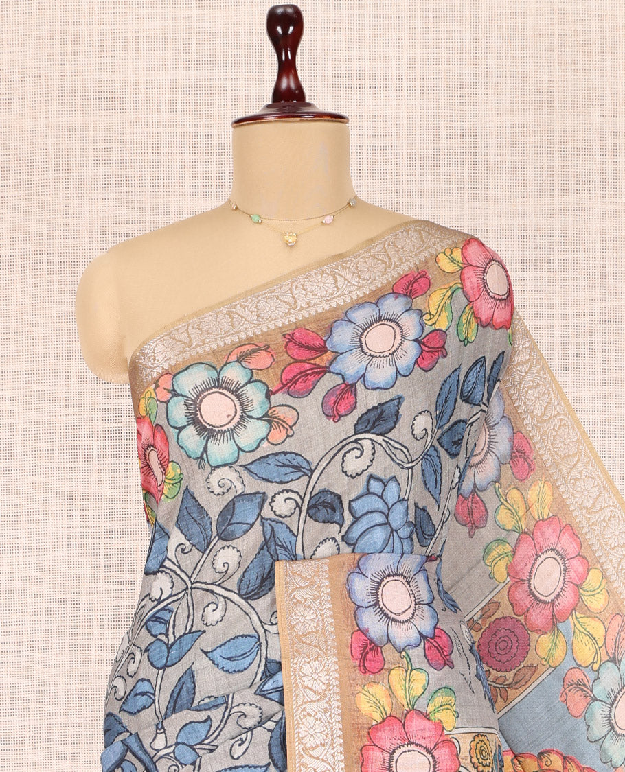 Grey Kalamkari Printed Fancy Tussar Saree