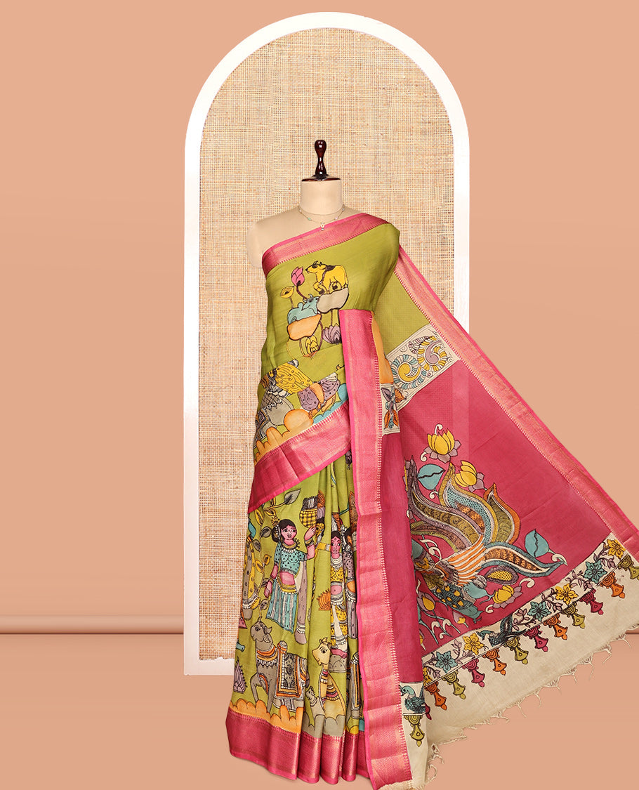 Green Kalamkari Silk Saree, Subtly Enriched with Pichwai Cow and Human Figurines, a Contrast Traditional Border, Peacock Pallu, and a Contrast Blouse