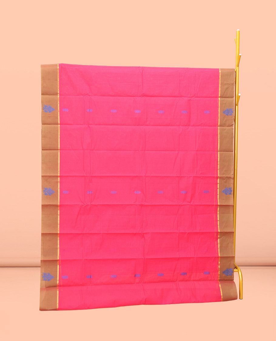 Pink Kanchi Cotton Saree, Detailed with Buttas All Over Its Body, Complemented by Contrast Border, Intricately Thread-Designed Pallu, and Paired with a Matching Blouse