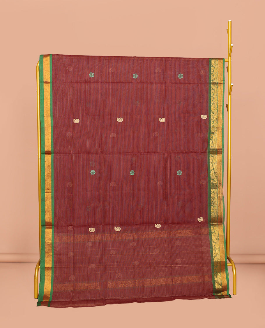 Red Venkatagiri Cotton Saree, Subtly Woven with Buttas, a Contrast Traditional Zari Border, Pallu of Buttas and Stripes, and No Blouse