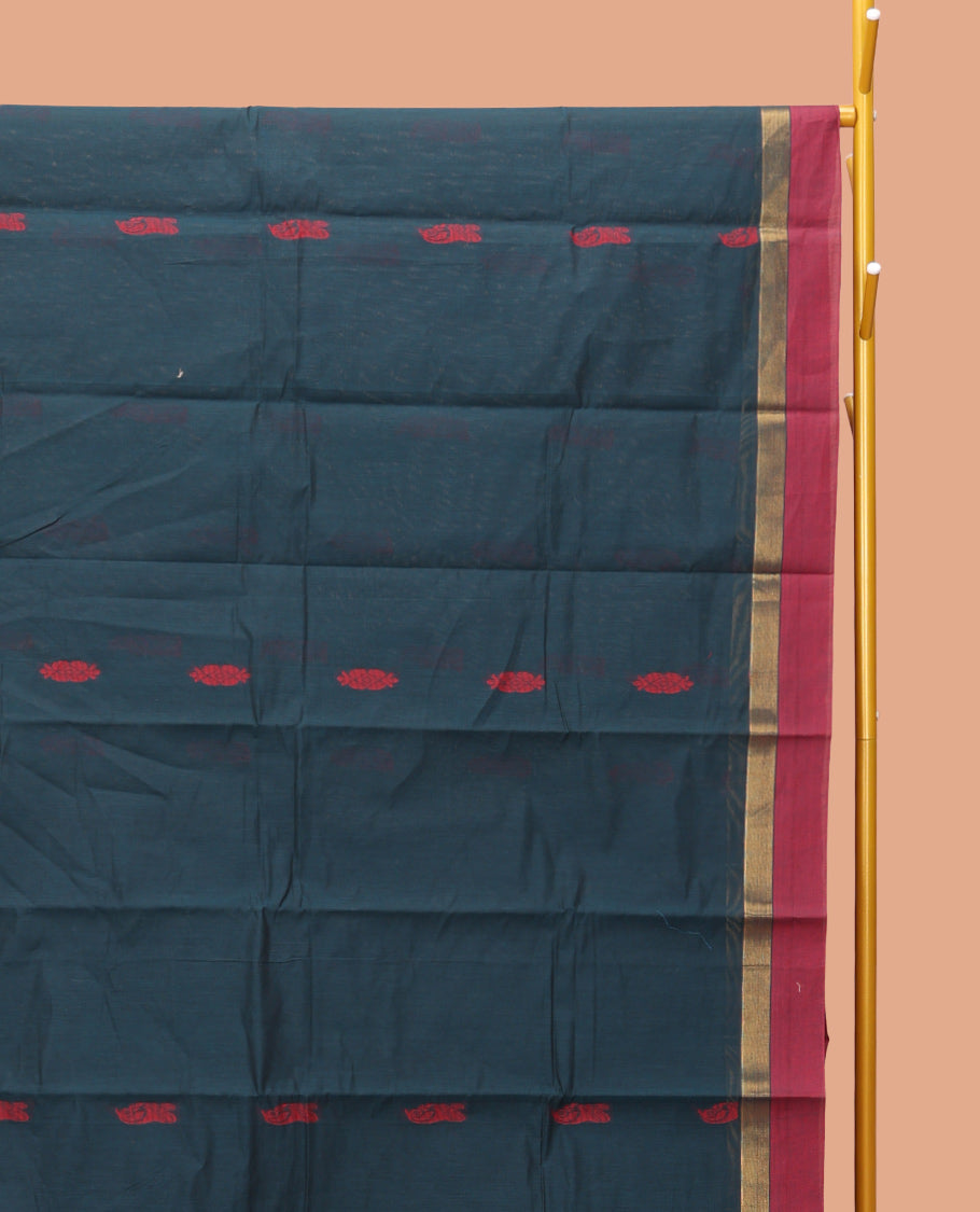 Teal Blue Kanchi Cotton Saree, Elevated with Thread Buttas On Its Body, Complemented by a Contrast Border, Floral-Design Pallu, and a Matching Blouse