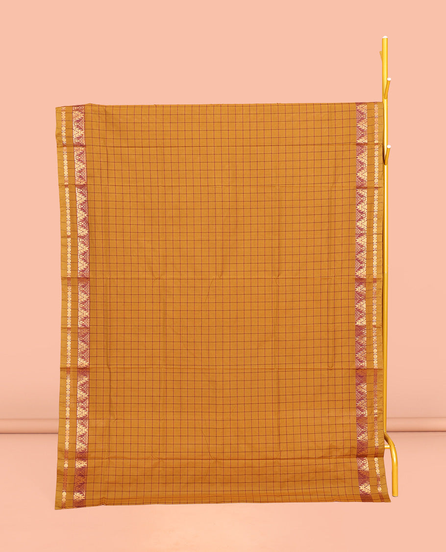 Mustard Chettinad Cotton Saree, Subtly Sparkled with Checks, Highlighted by Traditional Zari Temple Border, Striped Pallu, and No Blouse