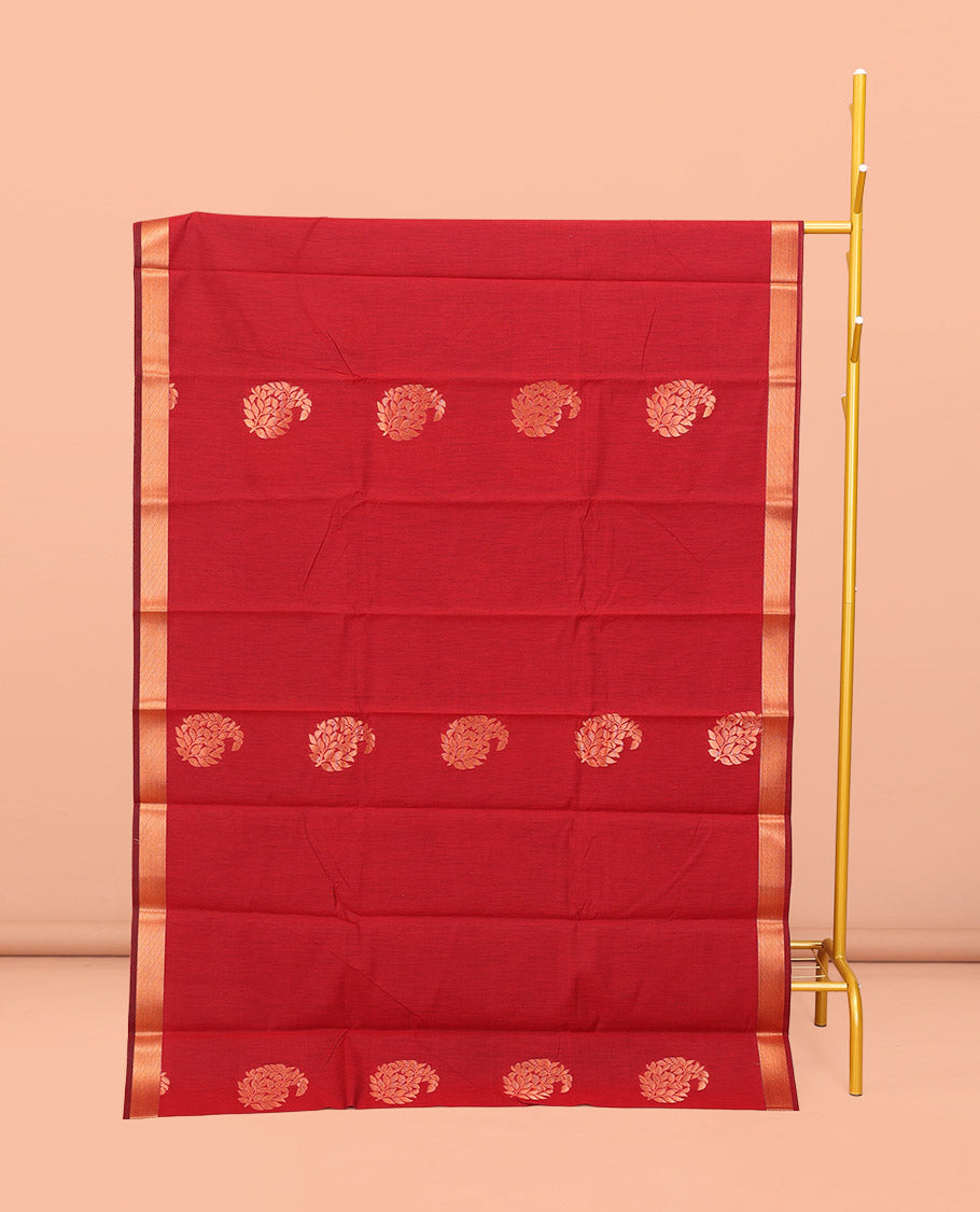 Red Semi-Silk Cotton Saree, Elevated with Paisley Zari Buttas All Over Its Body, Highlighted by a Zari Border, Pallu of Floral and Paisley Design, and Paired with a Matching Blouse