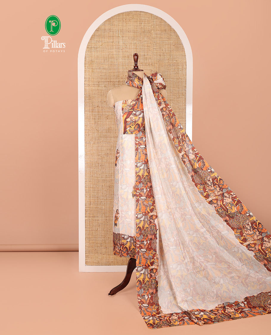 Cream Semi-Silk Material Chudidar, Ancient Human Motifs Printed Top, Santoon Bottom, and Printed Dupatta
