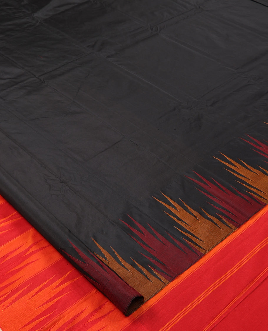 Black Plain Bangalore Silk Saree, Complemented by a Contrast Temple Border, Striped Pallu, and a Contrast Blouse