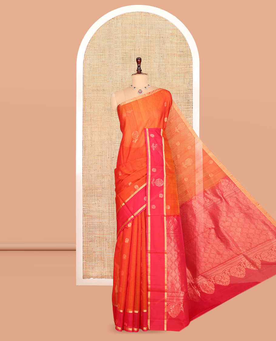 Orange Silk Cotton Saree, Gleamed Up with Zari Buttas, Complemented by a Contrast Traditional Zari Border, Jaal Pallu, and a Contrast Blouse