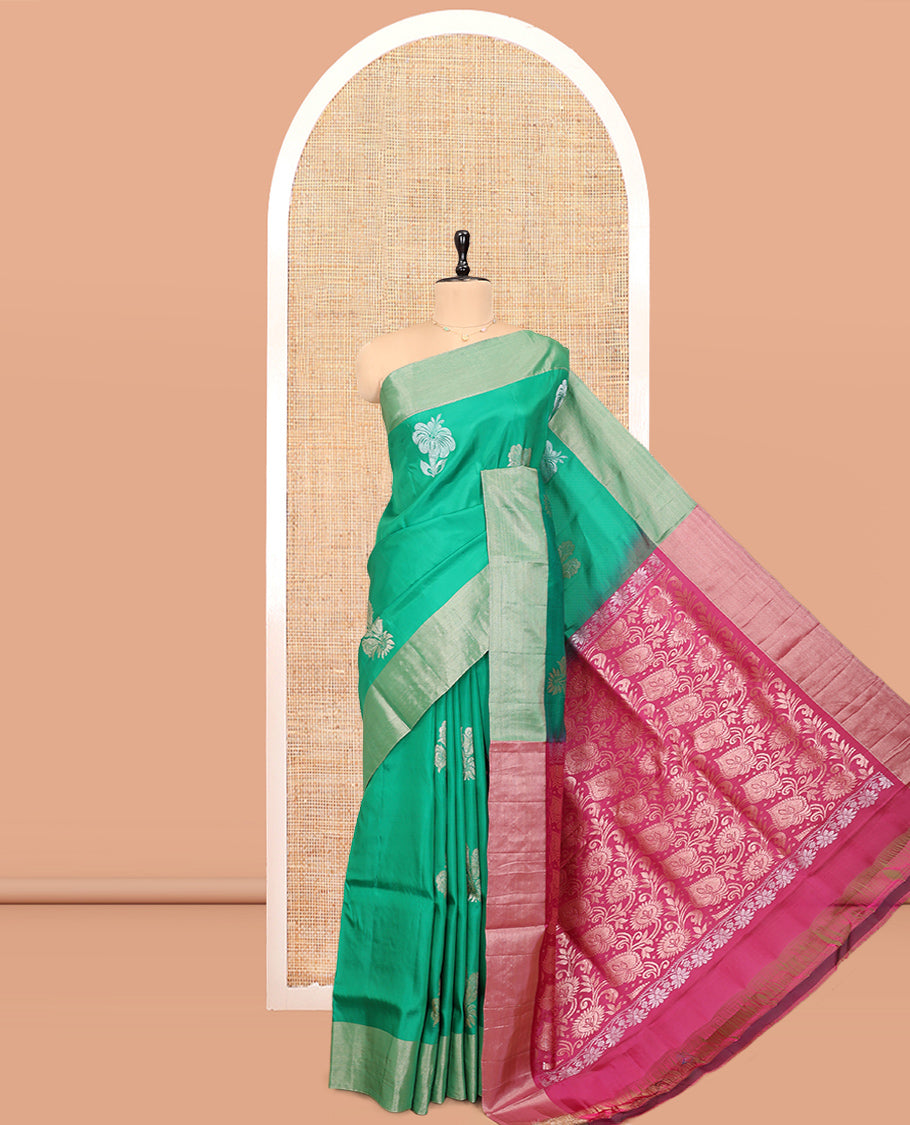 Green Semi Uppada Saree, Adorned with Hibiscus Floral Buttas, a Bavanji Border, Contrast Intricate Pallu, and a Contrast Blouse