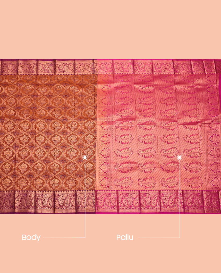 Honey Budget Silk Saree, Elevated with Floral Jacquard, Complemented by Contrast Traditional Zari Border, Intricate Pallu, and a Contrast Blouse