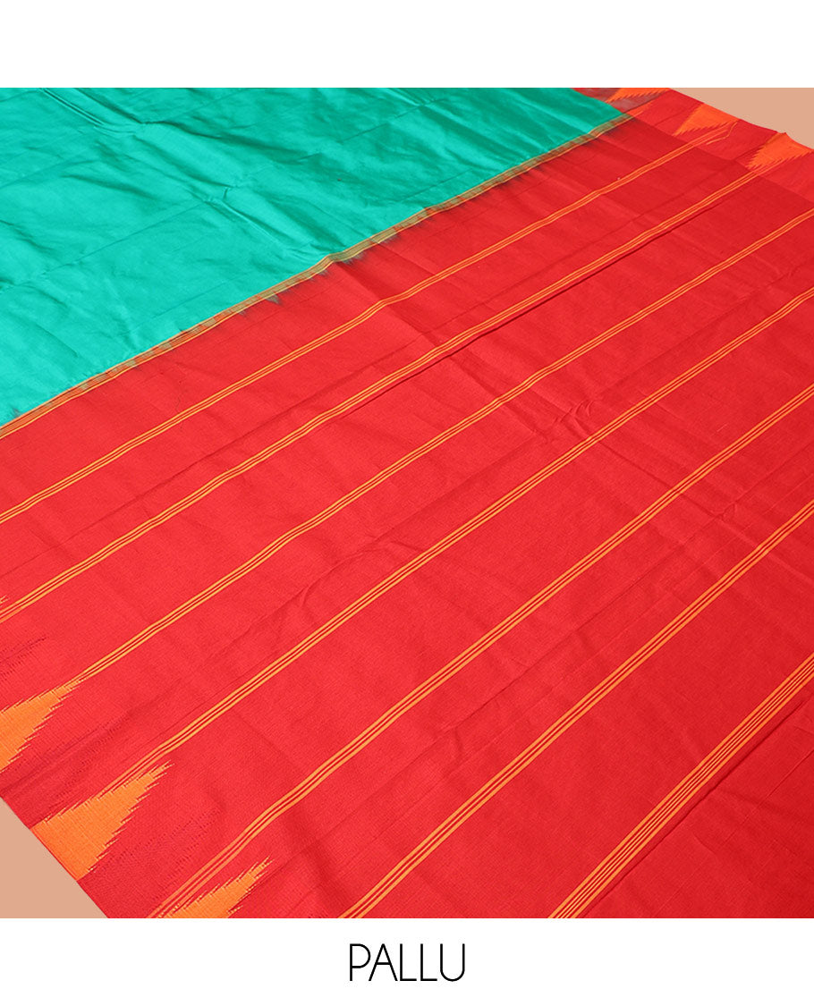 Green Plain Bangalore Silk Saree, Complemented by a Contrast Temple Border, Pallu of Stripes, and a Contrast Blouse