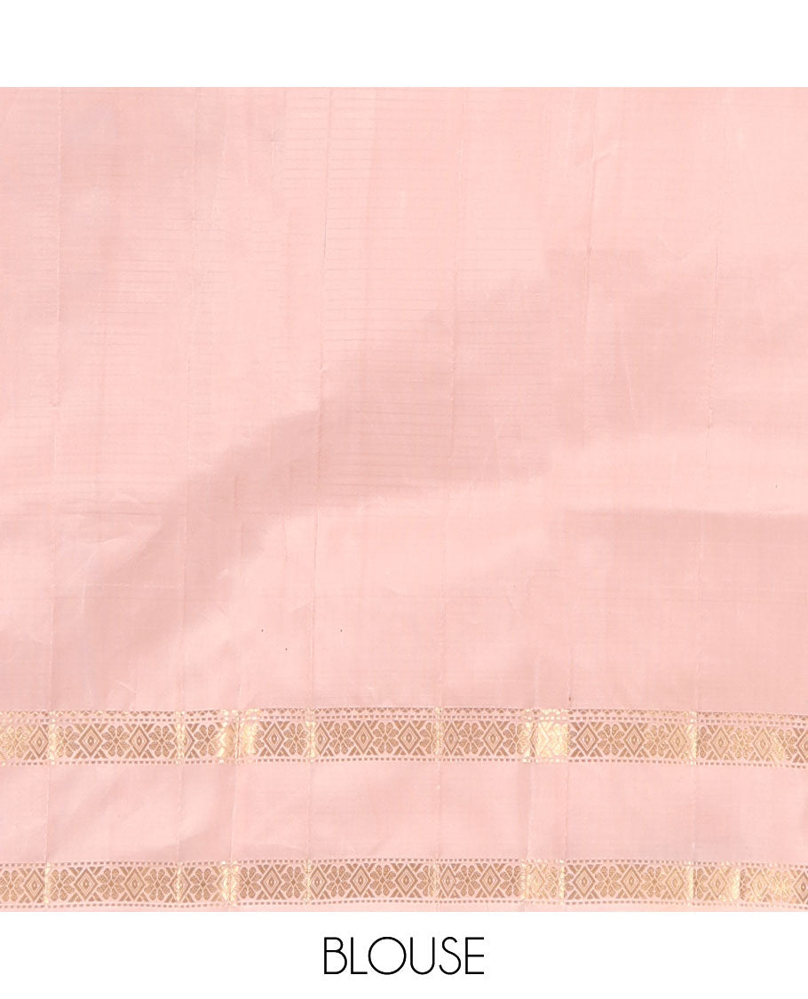 Pink Kanchipuram Silk Saree, Elevated with Checks, Highlighted By Zari Rettai Pettu Border, Pallu of Stripes and Temple Design, and a Matching Blouse