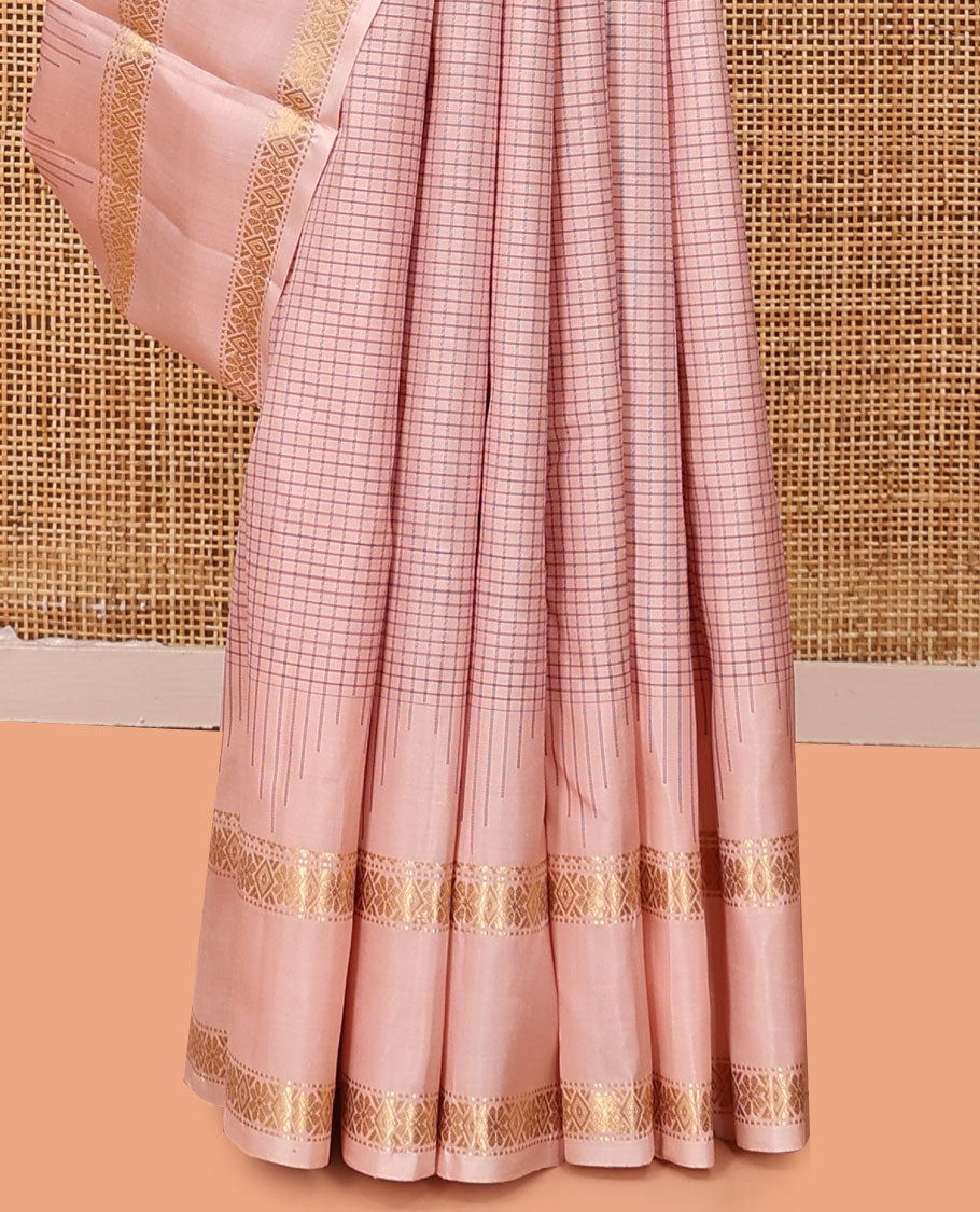 Pink Kanchipuram Silk Saree, Elevated with Checks, Highlighted By Zari Rettai Pettu Border, Pallu of Stripes and Temple Design, and a Matching Blouse