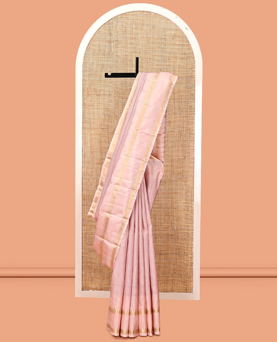 Pink Kanchipuram Silk Saree, Elevated with Checks, Highlighted By Zari Rettai Pettu Border, Pallu of Stripes and Temple Design, and a Matching Blouse