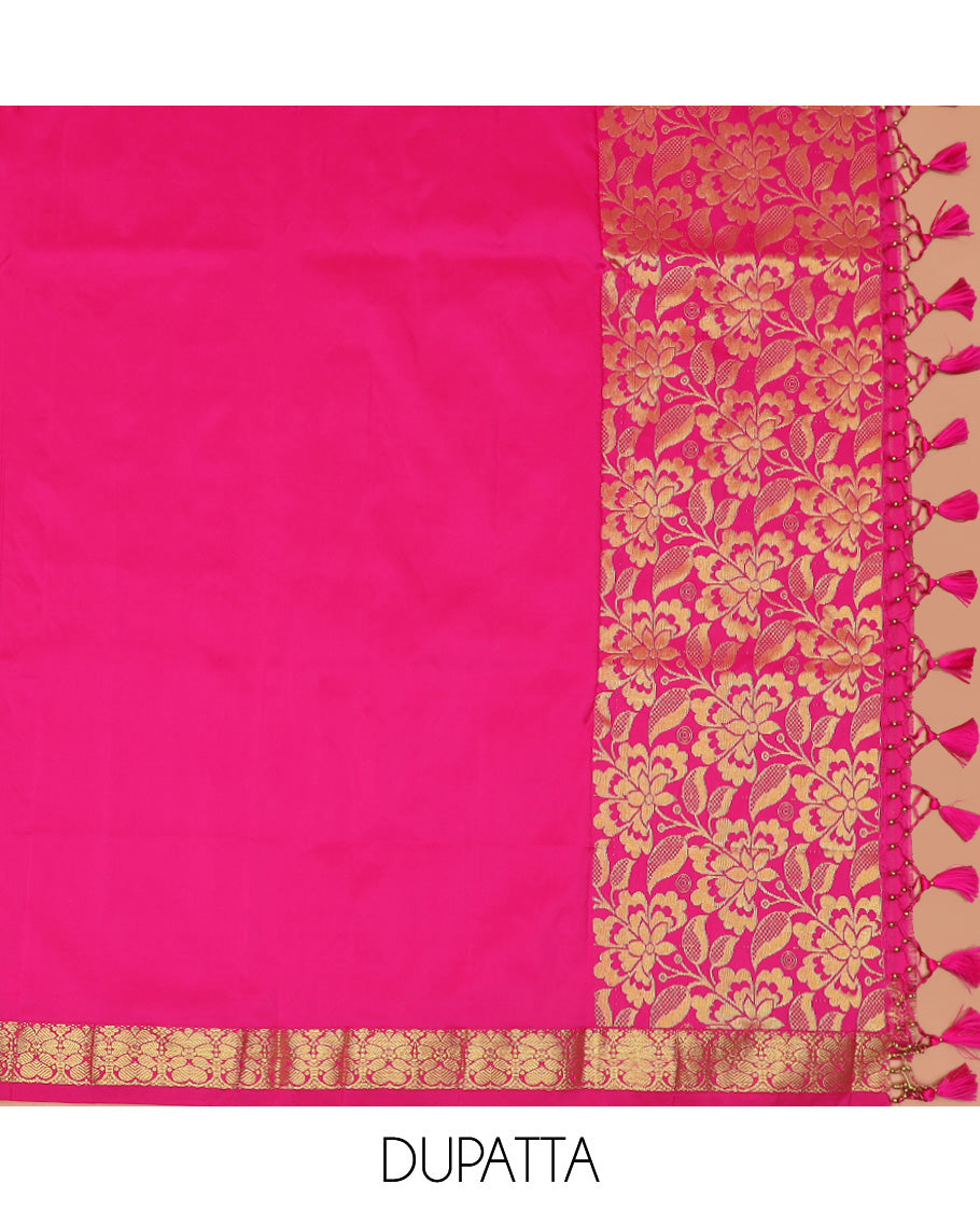 Blue Art Silk Material Half Saree Set Featuring Meenakari Mughal-Style Jacquard Skirt, a Contrast Traditional Zari-Designed Steeped Border, a Zari Jacquard Blouse, and a Dhavani Adorned with Zari Designs