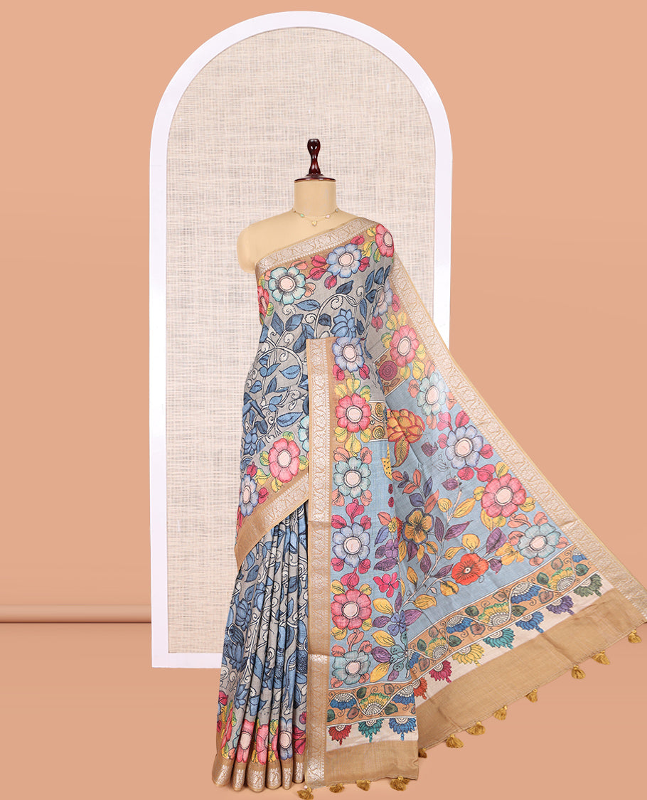 Grey Kalamkari Printed Fancy Tussar Saree