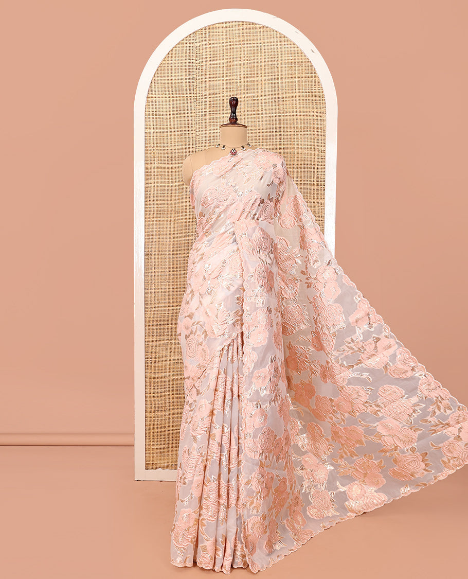 Peach Turkey Organza Saree, Floral Glitterwork, Scallop Border, Embroidered Blouse