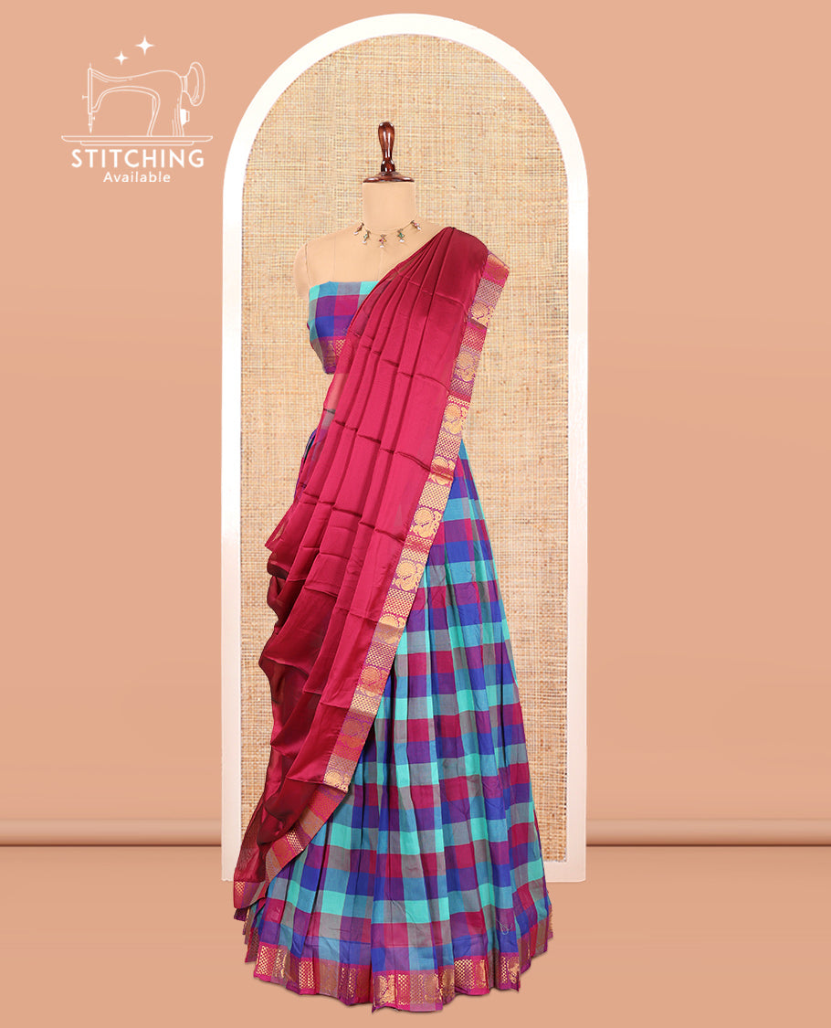 Multi-Color Checked Chettinad Cotton Half-Saree Features a Peacock Border, Matching Blouse, Contrast Dhavani
