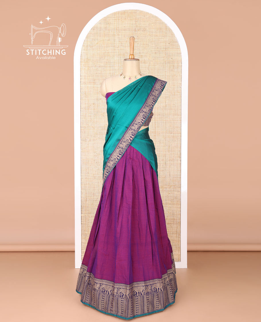 Dark purple mercerised cotton daman resham border half saree with cotton blouse & skya georgette one side resam border work